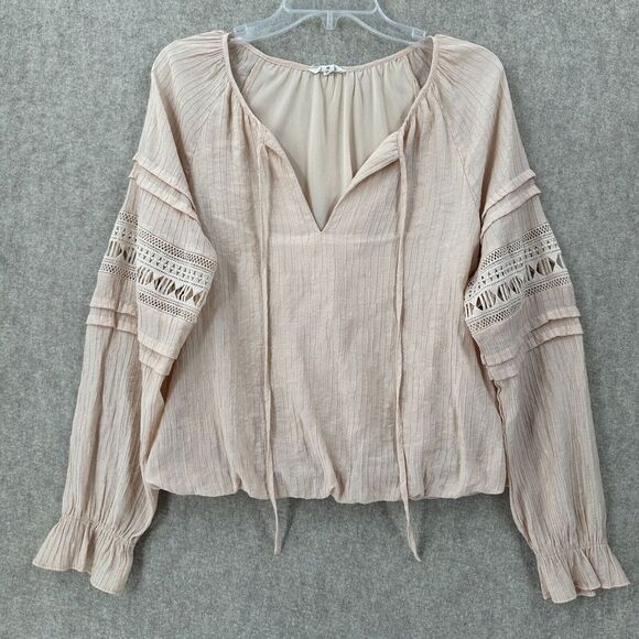 Blu Pepper Tops - Blue Pepper Cottagecore Blouse Womens MEDIUM Beige Gauzy Cinch Waist‎ Crochet